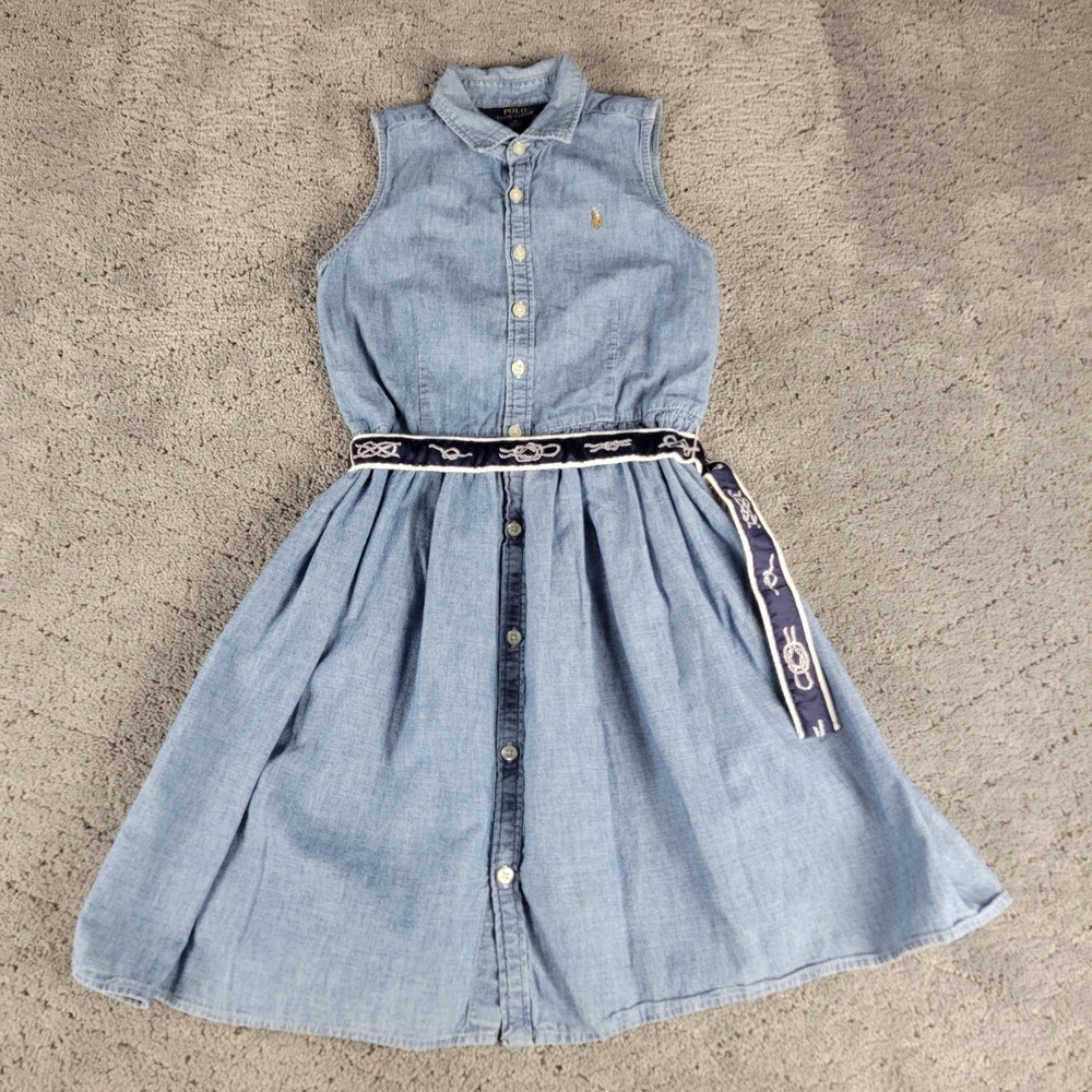 Polo Ralph Lauren Dress Girls 14 Blue Sleeveless Button Up Belted Collared
